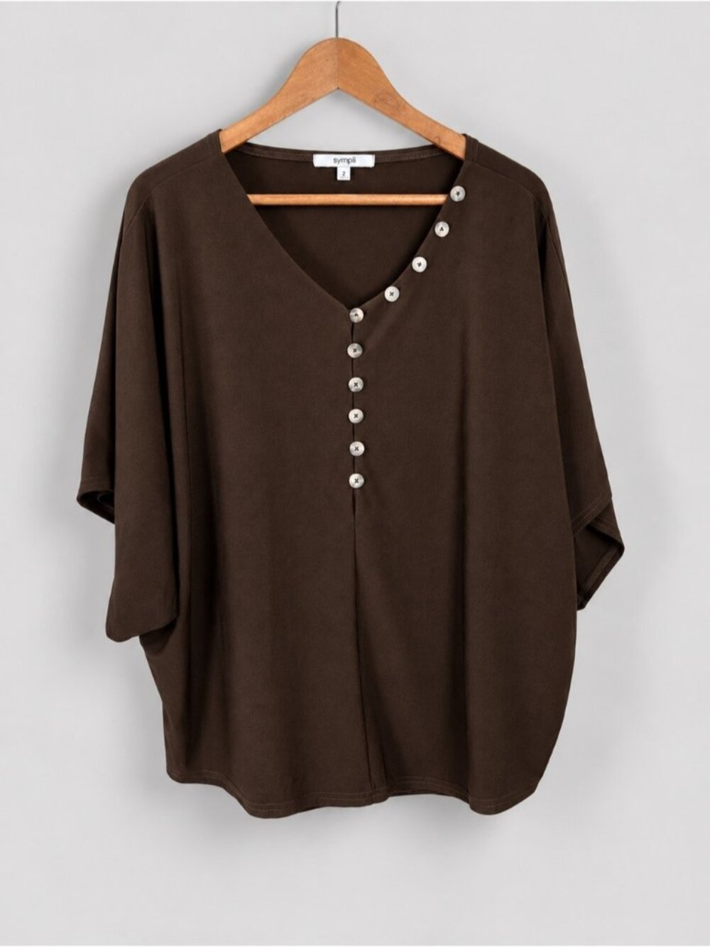 Sympli Chocolate Brown Size 12 V-Neck Dolman Sleeve Jersey Knit Top Stretch